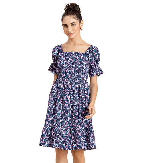 MoomayaWomens PrintedSquare Neck Summer Dress,Short PuffedSleeves Tiered Cotton Dress