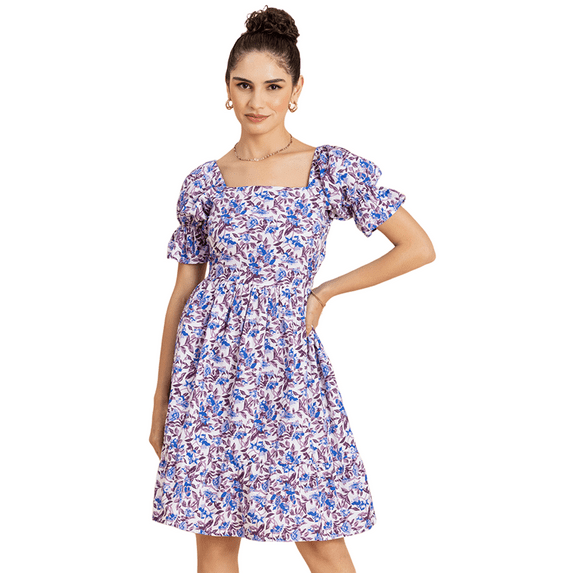 MoomayaWomens PrintedSquare Neck Summer Dress,Short PuffedSleeves Tiered Cotton Dress