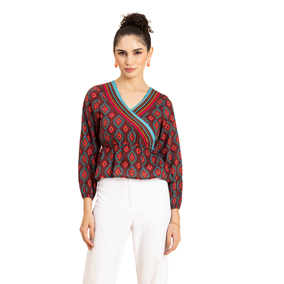 MoomayaWomens PrintedSurplice Neckline Top, Long Sleeves Designer Cotton Tops