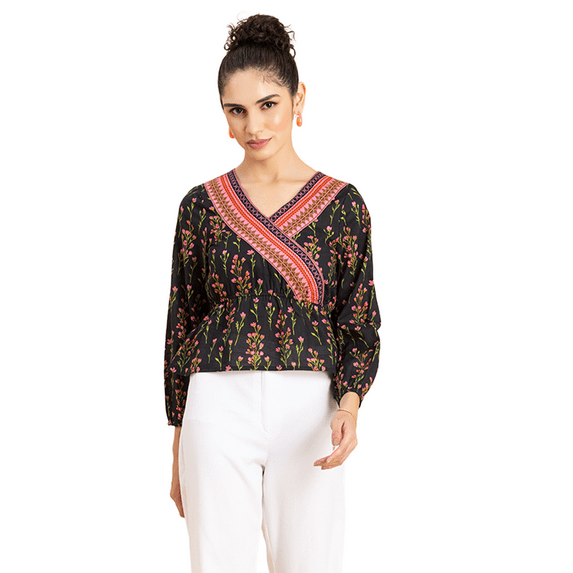 MoomayaWomens PrintedSurplice Neckline Top, Long Sleeves Designer Cotton Tops