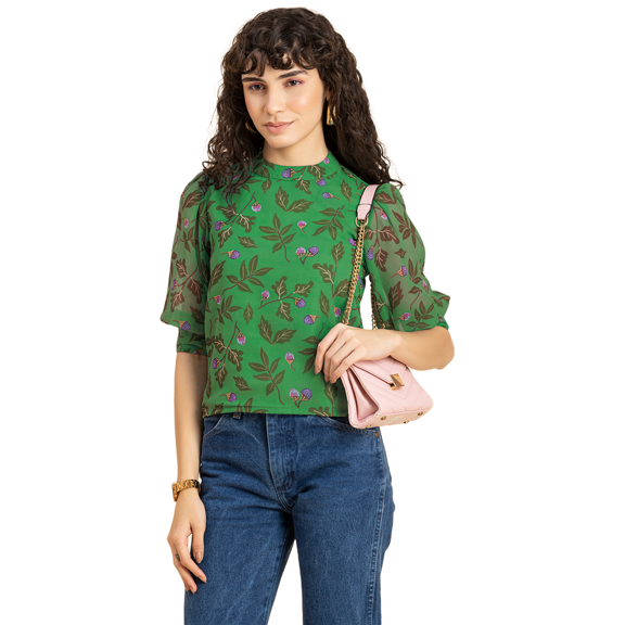 MoomayaWomens PrintedTurtle Neck Top,Cuffed QuarterSleeves Summer Chic Tops