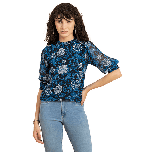 MoomayaWomens PrintedTurtle Neck Top,Cuffed QuarterSleeves Summer Chic Tops