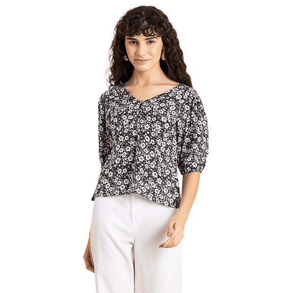 MoomayaWomens PrintedV-Neck Viscose Top,Puff Sleeves, Lightweight, Chic Summer Blouse Top