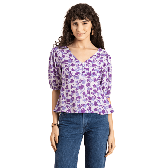 MoomayaWomens PrintedV-Neck Viscose Top,Puff Sleeves, Lightweight, Chic Summer Blouse Top