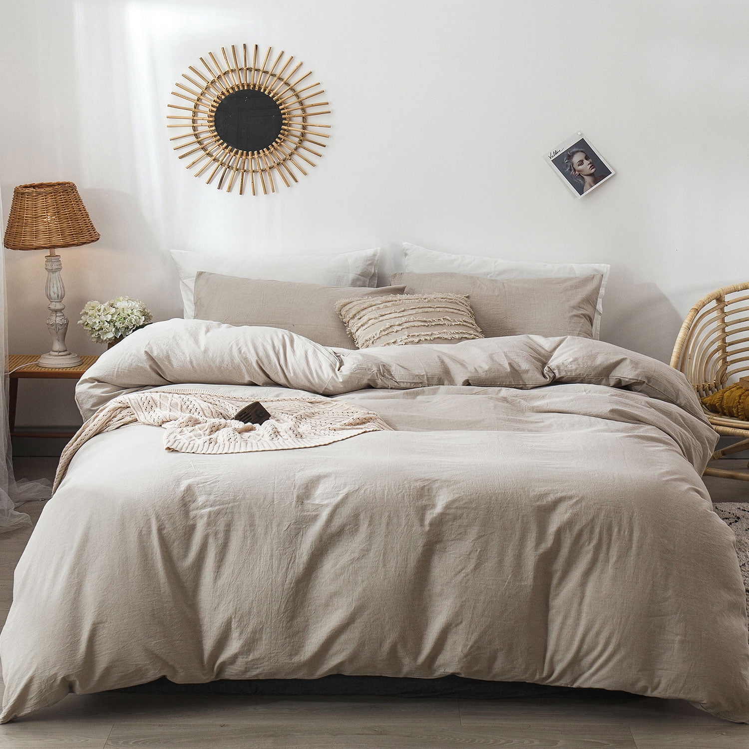 MooMee 100% Washed Cotton Duvet Cover Set Queen Linen Like Textured Breathable 3-Piece (Tannish Linen Grey, 90"x90")