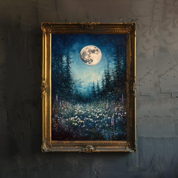 Moon Above Pine Forest Poster Mystical Night Sky Wall Art Vintage Woodland Print for Living Room Bedroom or Gallery Wall Enchanted Nature