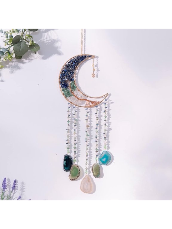 Moon Agate Dream Catchers with Crystal Tree for Home Wall Decor Aesthetic, Room Wall Decor, Bohemian Room Decor, Haning Crystal Decor, Bedroom Decor for Women, Unique Gift for Women