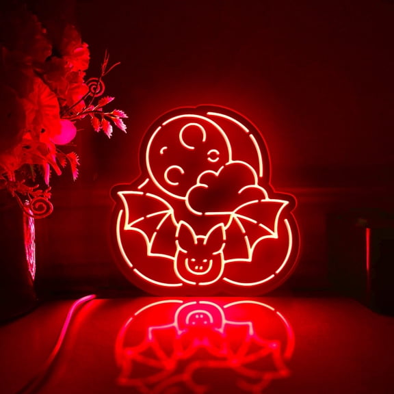 Moon And Bat Led Light Box, Dimmable Neon-Like Light Signs USB Power for Wall Decor Bedroom Decoration, RGB Light (WxH) 6"x6"