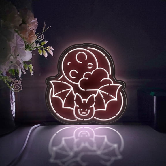 Moon And Bat Led Light Box, Dimmable Neon-Like Light Signs USB Power for Wall Decor Bedroom Decoration, Static Light (WxH) 16"x16"