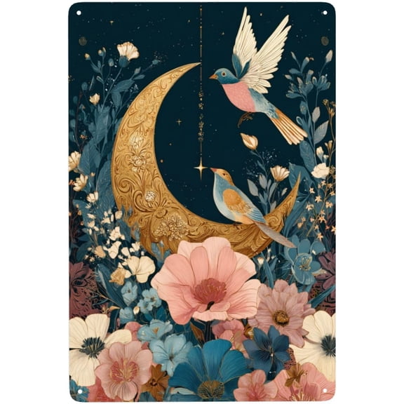 Moon And Birds Floral Metal Tin Plaque Sign 8x12 Inch Vintage Aluminum Wall Art Golden Crescent With Colorful Blossoms
