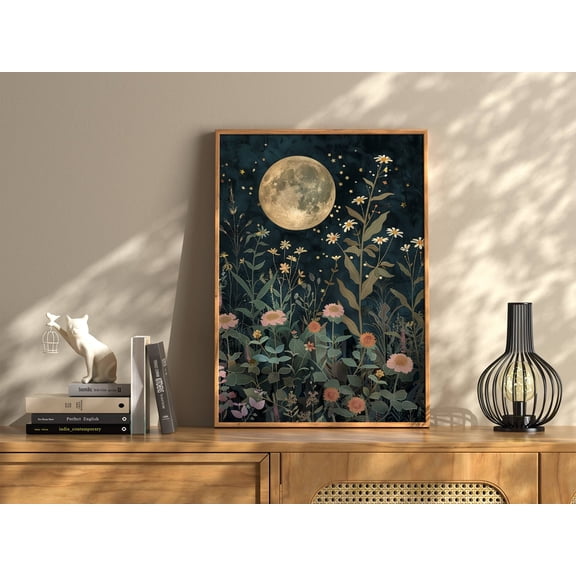 Moon And Flowers Print, Floral Moon Wall Art, Vintage Moon Print, Wildflowers Moon, Cottagecore Print, Vintage Nature Print, Whimsigoth Art
