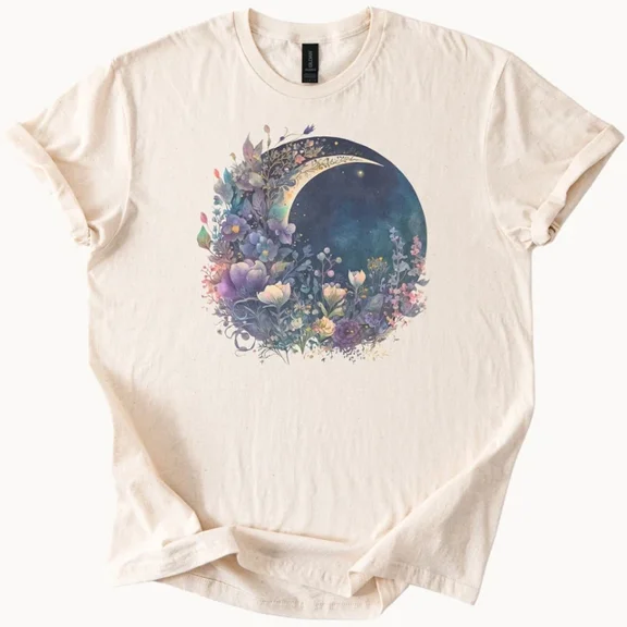 Moon And Flowers T-Shirt Celestial Garden Tee Boho Crescent Moon Shirt Floral Mo Size S-5Xl Heygategoo Tee