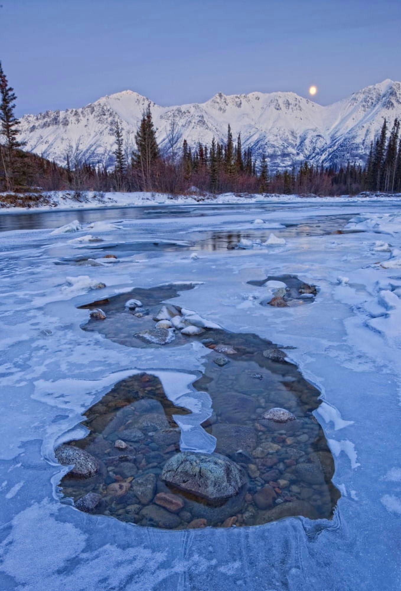 Moon And Ice Formations Along The Wheaton River Yukon Canvas Art - Robert Postma Design Pics (22 x 32)