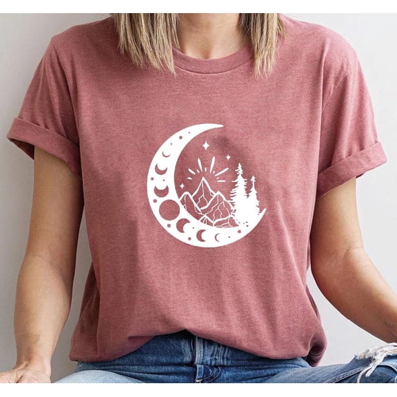 Moon And Mountain Shirt, Moon Phase T-Shirt, Celestial Moon Shirt, Boho Vintage Moon Shirt, Moon Phase Shirt, Spiritual T-Shirt Tshirt All Size S-5XL