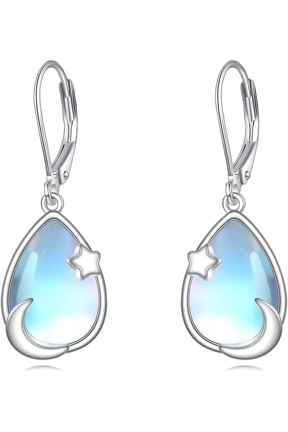 Moon And Star Earrings 925 Sterling Silver Moonstone Dangle Drop Earrings Elegant Teardrop Jewelry Gifts for Women
