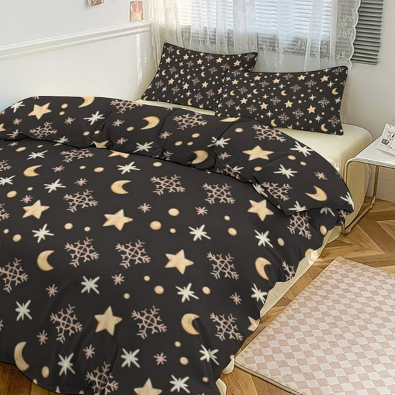 Moon And Star Print Duvet Cover Set Themed Multicolor Polyester Bedding Set for Bedroom Decoration