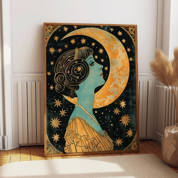 Moon And Stars Art Nouveau Poster - Celestial Beauty Print - Bohemian Wall Art, Modern Wall Decor, 8x12 UNFRAMED