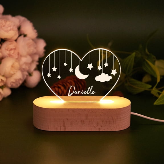 Moon And Stars Clouds Custom Night Light Acrylic Plaque Wooden Base Newborn Family Gift Nursery Decor Bedside Lamp