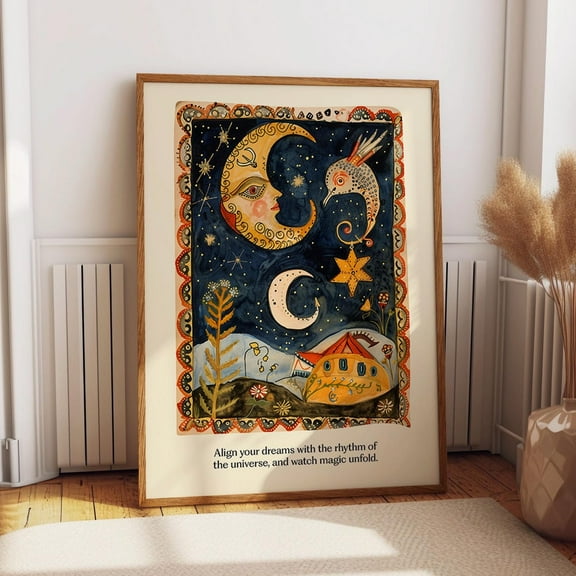 Moon And Stars Dream Print – Night Sky Moon Phase Wall Decor - Celestial Folk Art Poster Wall Art, Modern Wall Decor, 24x36 UNFRAMED