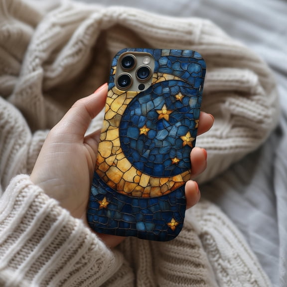 Moon And Stars Faux Stained Glass Phone Case For iPhone Samsung Slim Hard Cover Celestial Mosaic Design Gift