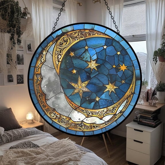 Moon And Stars Glass Suncatcher, Golden Celestial Elements Window Garden Decoration Night Sky, 6.3 in