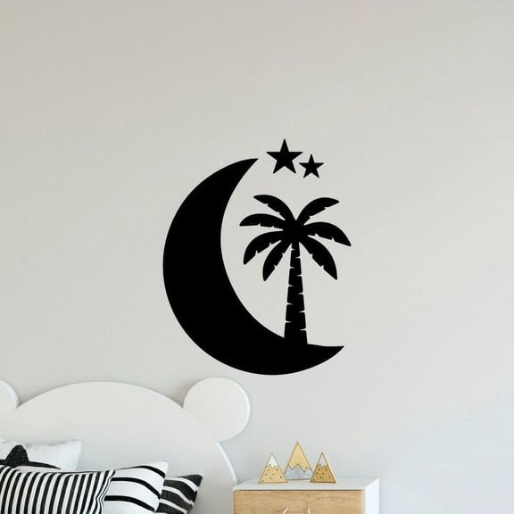Moon And Stars Night Time Island View Silhouette Beautiful Calm Peaceful View Vinyl Wall Sticker Art Decal Home Bar Area Chill Wall Decoration House Home Decor Stickers Decoration Size (20x14 inch)