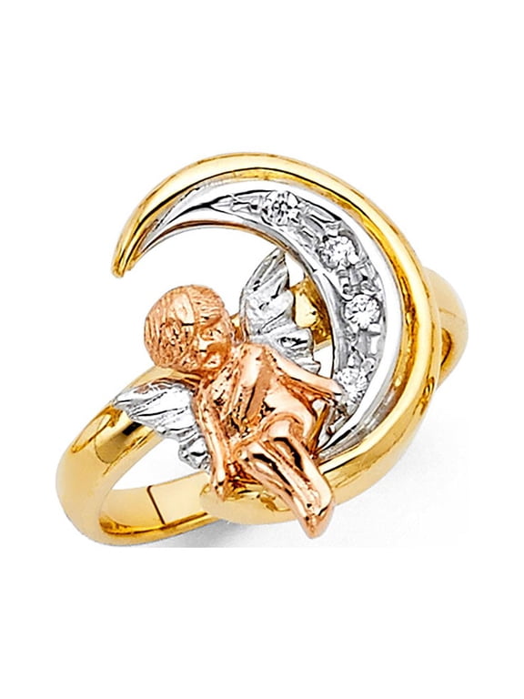 Moon Angel Ring Solid 14k Yellow White Rose Gold Cupid CZ Love Band Stylish Polished Fancy , Size 8.5