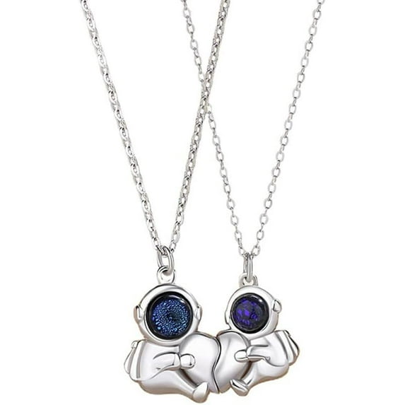 Moon Astronaut Pendant Necklace for Women Silver Plated Unisex Adjustable Link Chain Cute Charm Couple Friends Necklaces Unique Birthday Valentine Jewelry Souvenir Gift