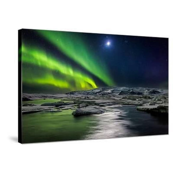 Moon and Aurora Borealis, Northern Lights with the Moon Illuminating the Skies and Icebergs, Scenic Seasons World Culture Stretched Canvas Wall Art Sold by Art.Com