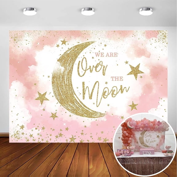 We are Over The Moon Baby Shower Backdrop for Girl's Galaxy Space Party Decorations Photography Background Moon and Stars Starry Night Celestial Baby Shower Party Photoshoot