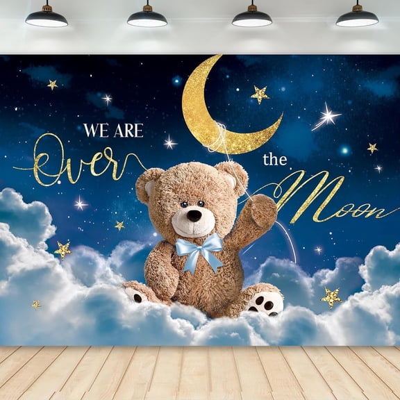 We are Over the Moon Baby Shower Backdrop Photography Cute Bear Blue Starry Night Sky Gold Moon Stars Cloud Background Watercolor Party Decorations Banner
