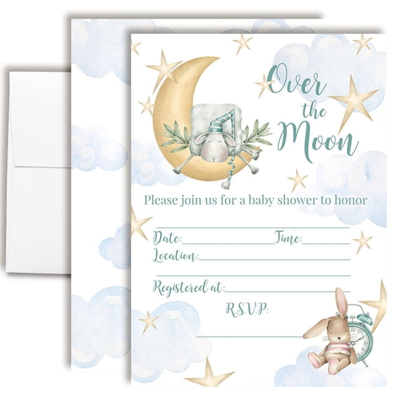 Over the Moon Baby Shower Invitations, 20 Fill-In Cards with Envelopes, 5x7 Baby Shower Invites & Supplies, New Baby Celebration Cards, Made in USA by Amanda Creation