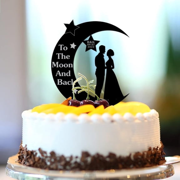 To The Moon And Back Personalized Mr & Mrs Silhouette Cake Toppers Silhouette Custom Names Est Date Beach Bride & Groom Cake Topper For Wedding Bridal Shower Cake Decor Wedding Gifts Acrylic Black