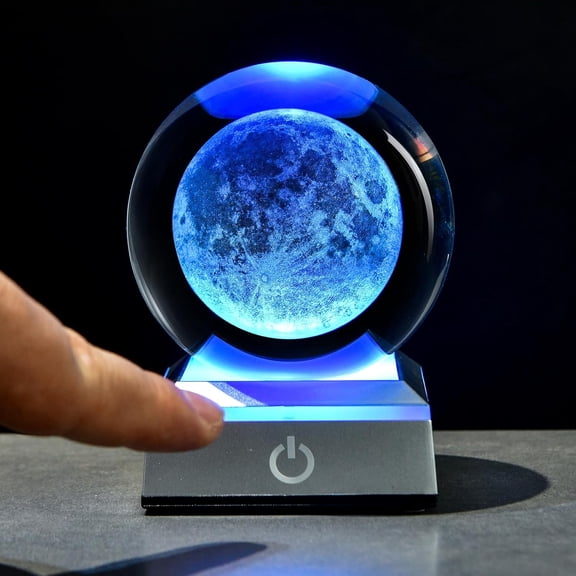 Moon Ball with Stand, Moon Figurine Decor Glass Sphere Lamp Night Light Gifts for Women Men Mom