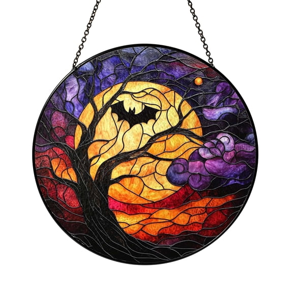 Moon Bat Stained Glass Suncatcher Window Hanging Decor, Gothic Round Glass Art Panel with Bat and Moon Design, Spooky Night Window Decoration Gift Idea for Halloween Lovers