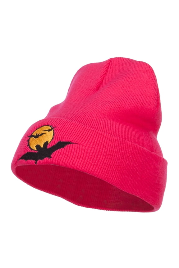 Moon Bats Halloween Embroidered Long Beanie - Magenta OSFM