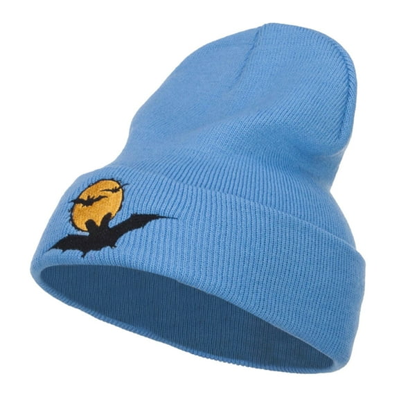 Moon Bats Halloween Embroidered Long Beanie - Sky Blue OSFM