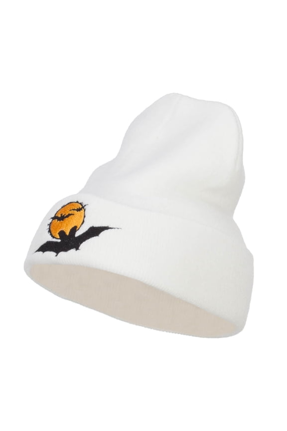 Moon Bats Halloween Embroidered Long Beanie - White OSFM