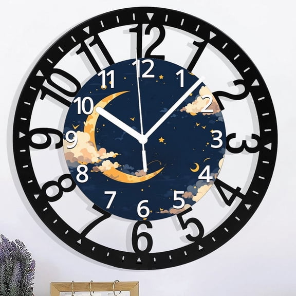 Moon Battery Powered Clock Analog 10 Inch Round Wrought Iron Wall Clock for Kids Bedroom Small Wall Clock Silent, 25cm - Arabic Numerals Style 1010inch(2525cm)