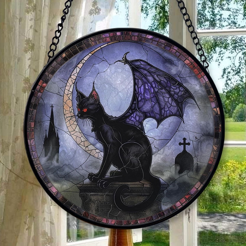 Moonlight Window Bat Moon Black Cat Bat Stained Glass Window Hanging,Hummingbird Sun ...