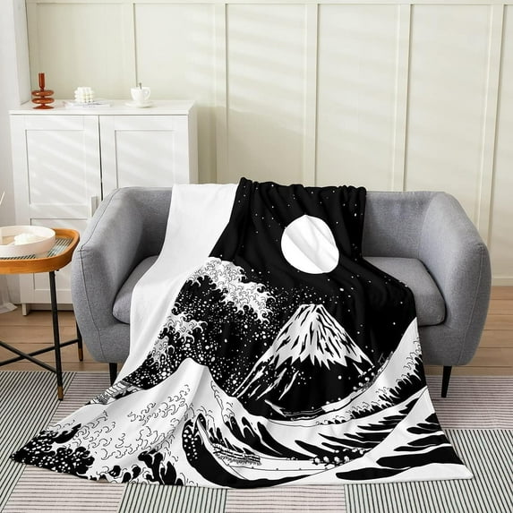 Moon Blanket Baby 30x40,Ocean Waves Throw Blanket Mountain Fuji Fleece Blanket Japanese Style Flannel Blanket Marine Coastal Nautical Theme Bed Blanket White Black Sofa Bed Couch Decor