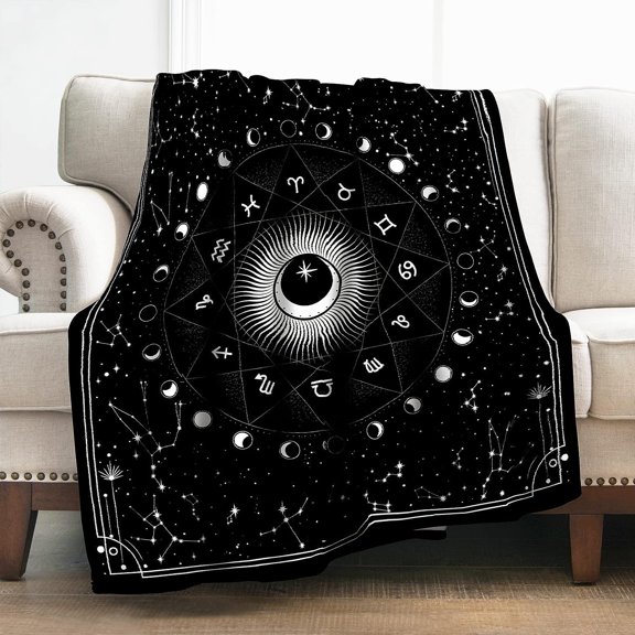 Moon Blanket Gifts for Women Girls Boys, White Zodiac Signs Stars Space Psychedelic Decoration for Home Bedroom Dorm Crib, Soft Comfort Fluffy Lightweight Throw Plush Blankets Black 50"x60"