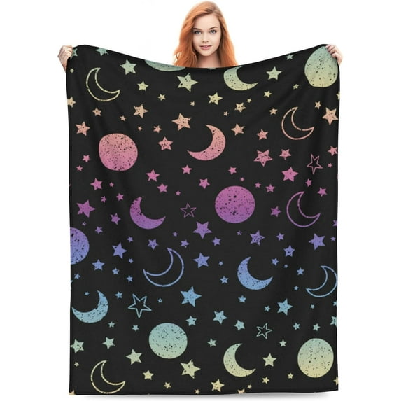 Moon Blanket for Kids Adults Moon Blanket Gifts 60" X 50" Flannel Rainbow Retro Pattern with Moon and Star Throw Blankets for Bed Living Room Sofa Couch Soft Warm Lightweight Cozy Moon Decor