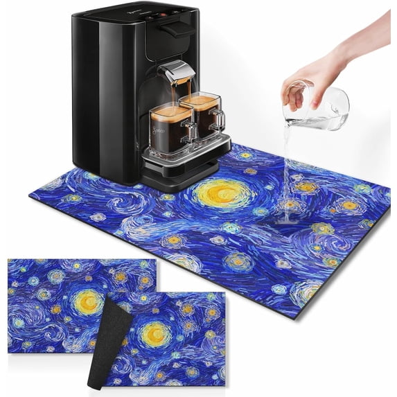 Moon Blue Starry Coffee Mat for Countertops, Yellow Abstract Dish Drying Mat 2 Pcs for Kitchen Coffee Bar Accessories Fit Under Coffee Maker Espresso Machine Dish Rack Hide Stain Rubber