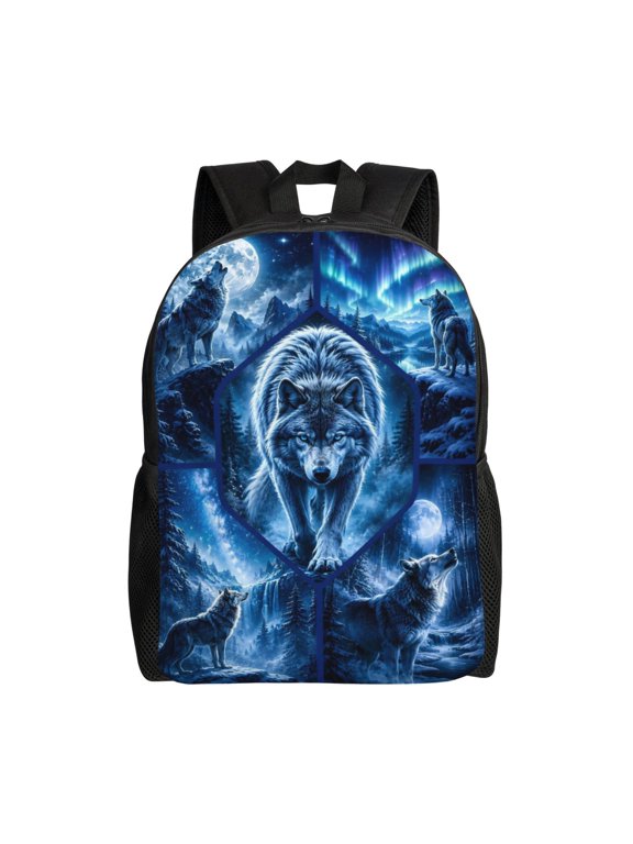 Moon Blue Wolf Backpack Full Front Print Travel Laptop Bag for Men and Women