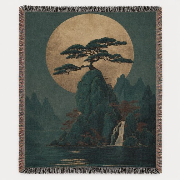 Moon Bonsai Landscape Woven Cotton Throw Blanket with Fringe