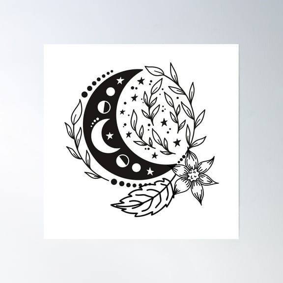 Moon Botanical Black And White Boho Design, Floral Moon Shirt, Moon Wildflower, Astronomy T-Shirt, Celestial Poster Wall Art, Modern Wall Decor, 16x16 UNFRAMED