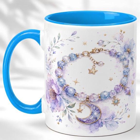 Moon Bracelet Coffee Mug, Celestial Beaded Jewelry Cup, Watercolor Blue Purple Floral Design, Gift for Women, Ceramic 11 Oz Mug