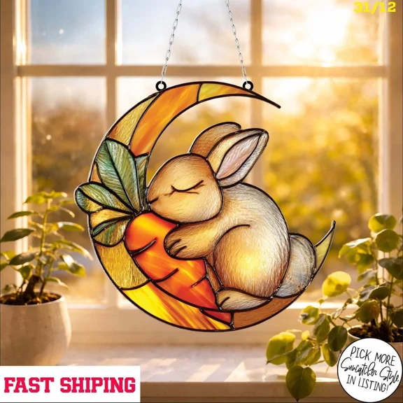 Moon Bunny Acrylic Suncatcher Whimsical Rabbit Window Hanging Ornament Home Decor