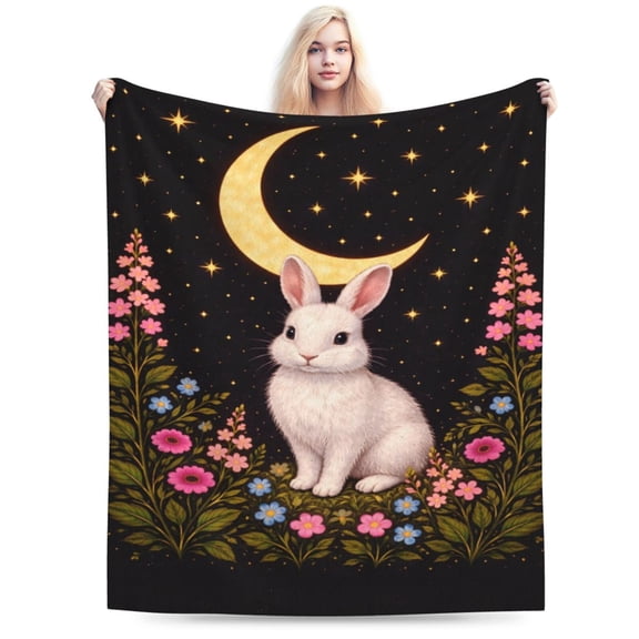 Moon Bunny Fantasy Blanket Easter Rabbit Throw Blanket Soft Cozy Flannel Animal Blanket Cute Spring Home Decor Gift 50x40